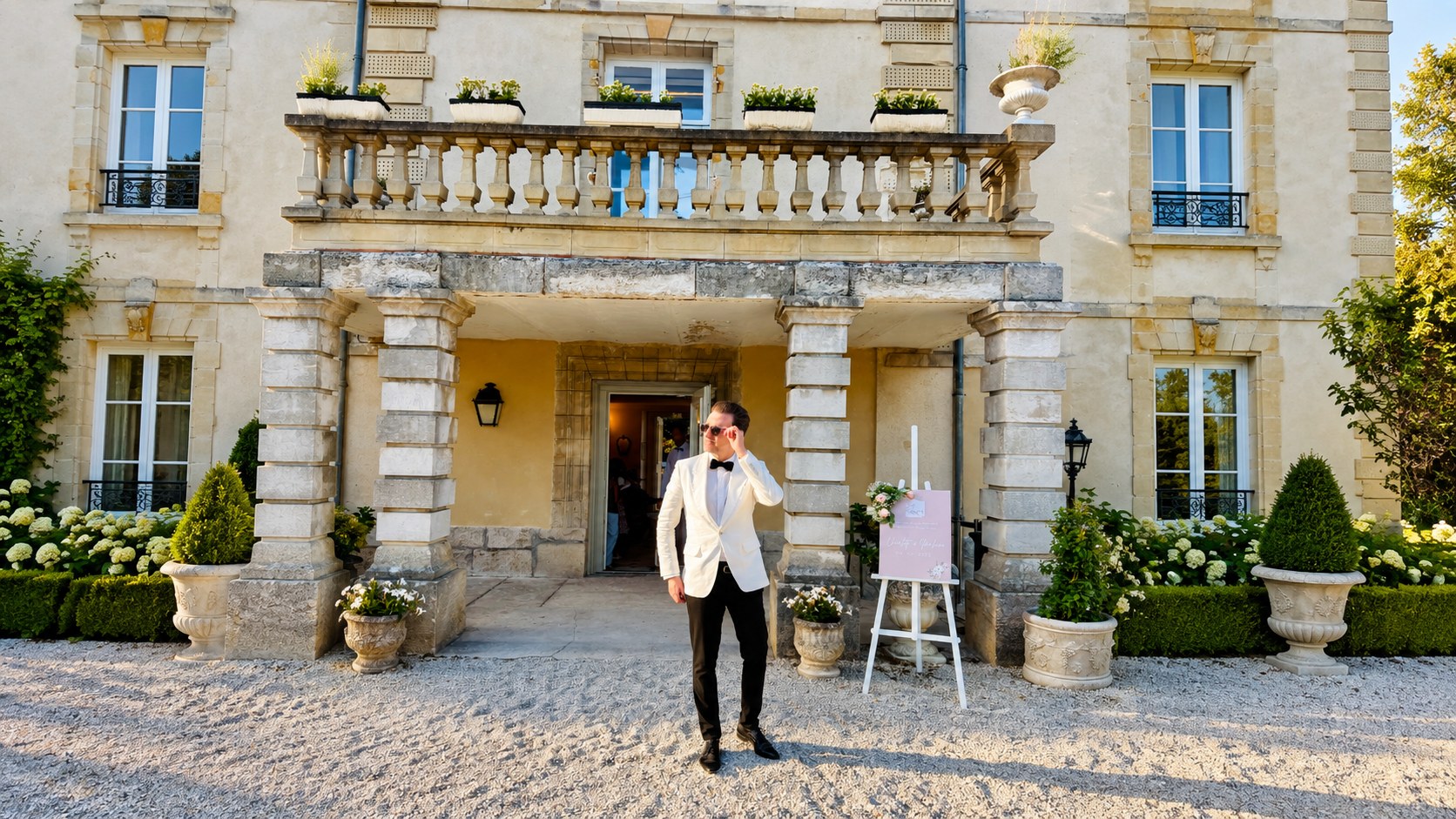 Greg Le Fourn riant au micro avec des invités de mariage